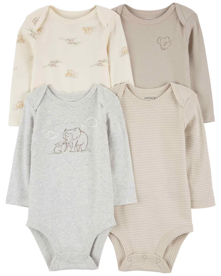 Kit body bebê 4 peças manga longa + kit cueiro 4 peças elefantes + caixa presente M multicor | Carter's